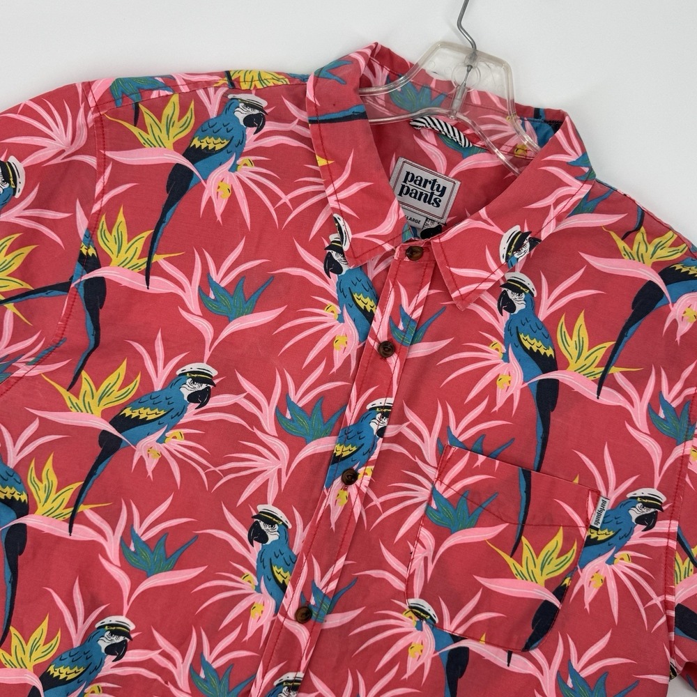 Party Pants Hawaiian Shirt XL‎ Pink Parrot Tropical Button Up Short Sleeve Beach